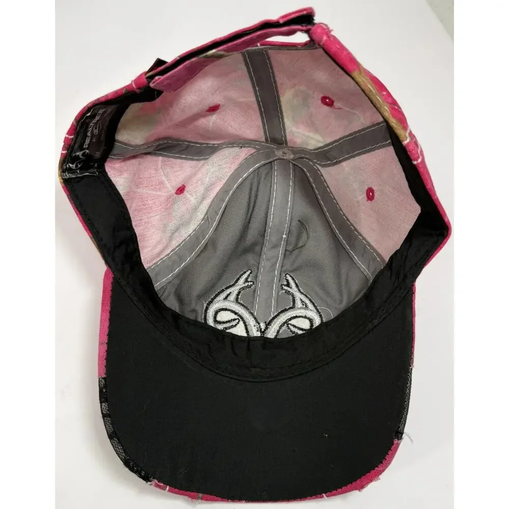 Realtree Hat Cap Pink Camo Distressed Cutouts Black Lace Silver Embroidered Logo